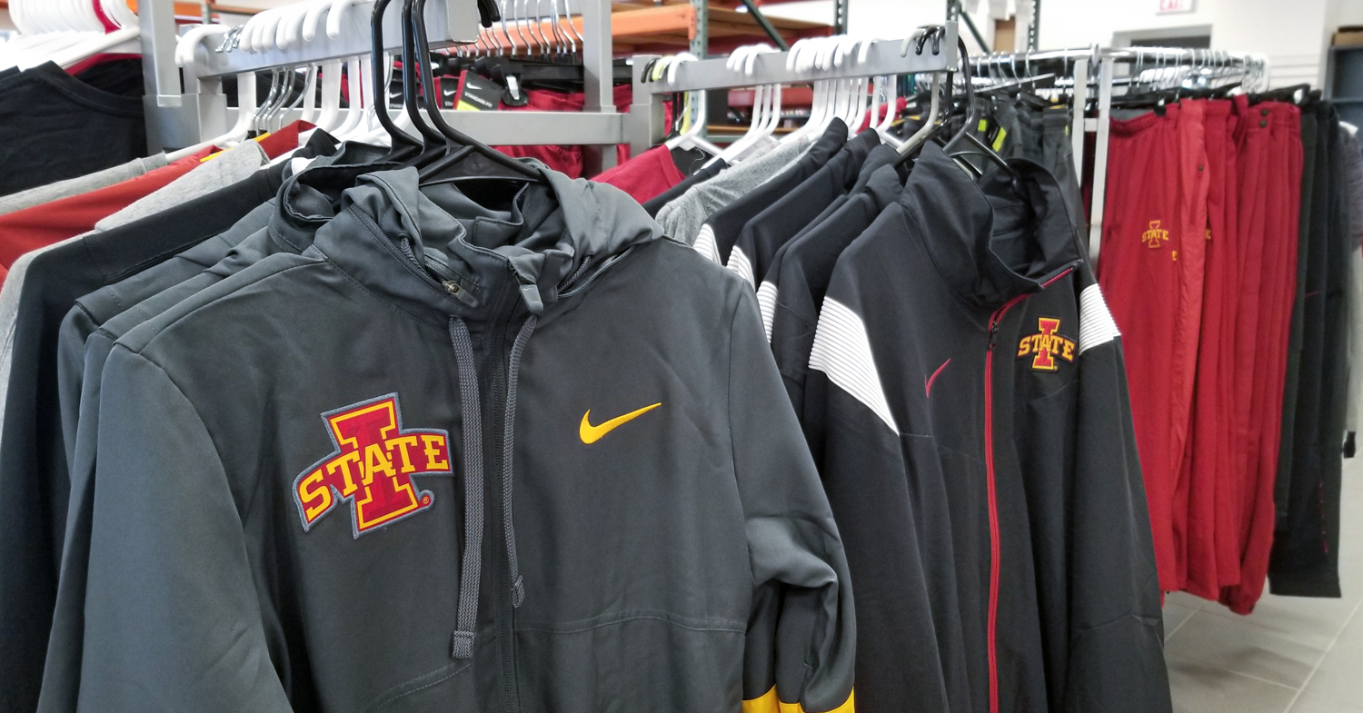 Athletic clothing on a rack at ISU Surplus